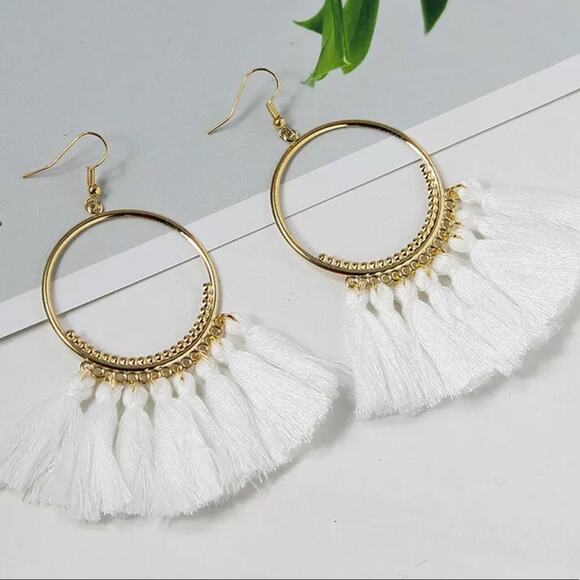 Francesca's Boho White Gold Hoop Tassel Earrings - Picture 2 of 4